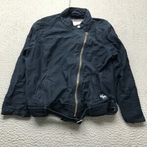 Abercrombie & Fitch Biker Moto Belted Jacket Womens Large Navy Asymmetrical Zip